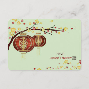Golden Red Lanterns Cherry Tree Fu Chinese RSVP Card