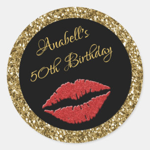 Golden Red Lips 50th Birthday Stickers