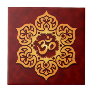 Golden Red Lotus Flower Om Tile