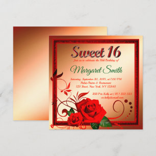 Golden red rose sweet 16 invitation