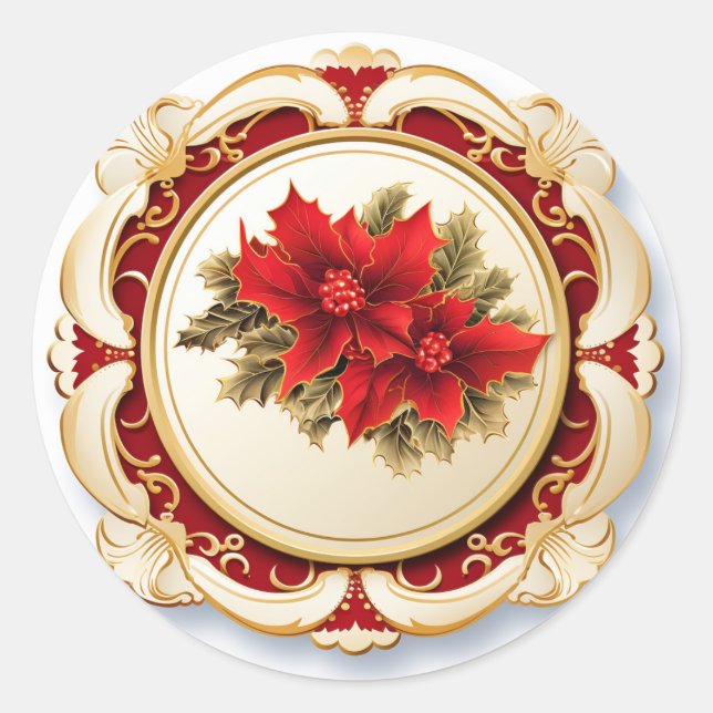 Golden Red Scroll Poinsettia Classic Round Sticker (Front)