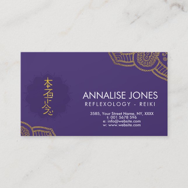Golden Reiki Healing symbol on purple in lotus Business Card (Front)
