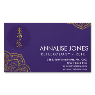 Golden Reiki Healing symbol on purple in lotus Magnetic Business Card