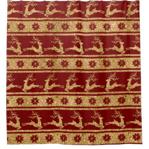Golden Reindeer and Snowflakes on Red - Christmas Shower Curtain