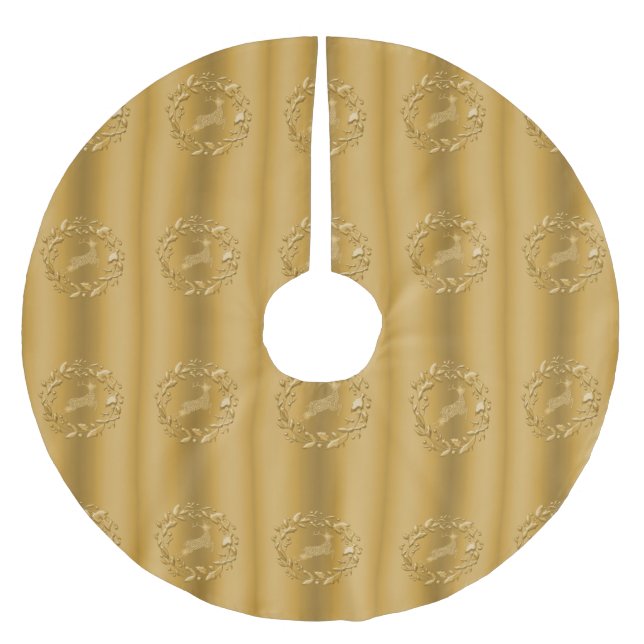 Golden Reindeer and Wreath Christmas Brushed Polyester Tree Skirt (Front)