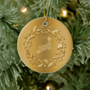 Golden Reindeer and Wreath Christmas Ceramic Tree Decoration