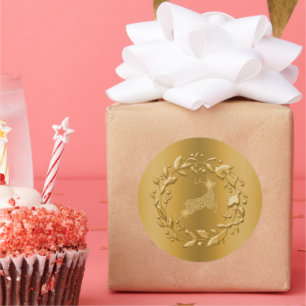 Golden Reindeer and Wreath Christmas Classic Round Sticker