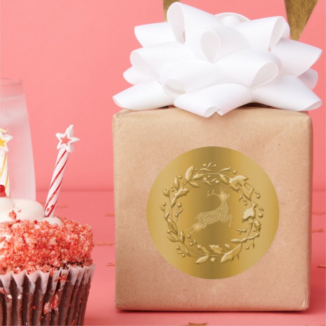 Golden Reindeer and Wreath Christmas Classic Round Sticker (Party)