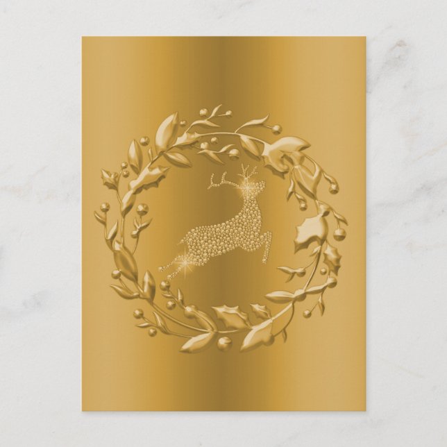 Golden Reindeer and Wreath Christmas Holiday Postcard (Front)