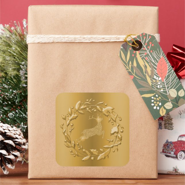 Golden Reindeer and Wreath Christmas Square Sticker (Holiday)