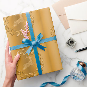 Golden Reindeer and Wreath Christmas Wrapping Paper