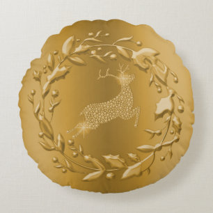 Golden Reindeer and Wreath Gold Christmas Round Cushion