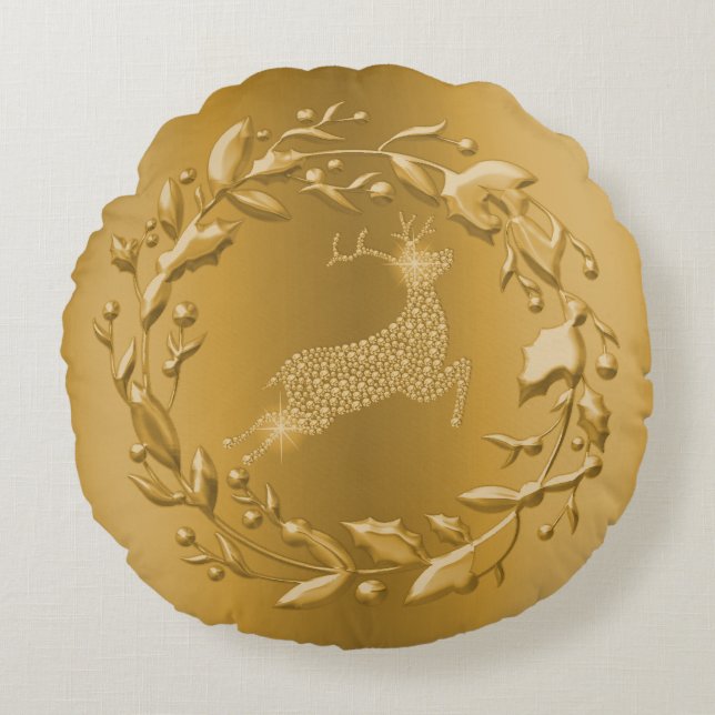 Golden Reindeer and Wreath Gold Christmas Round Cushion (Front)