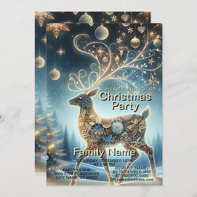 Golden Reindeer Christmas Ornaments Blue Sky  Invitation (Front/Back)