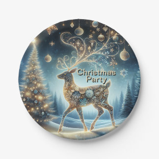 Golden Reindeer Christmas Ornaments Blue Sky Paper Plate