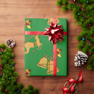 Golden Reindeer Green Christmas Wrapping Paper