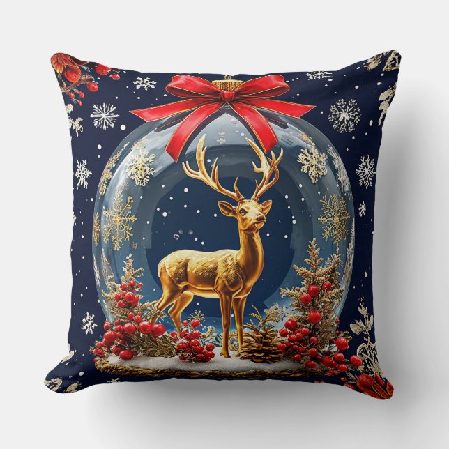Golden Reindeer Inside Christmas Ornament Globe Cushion (Front)