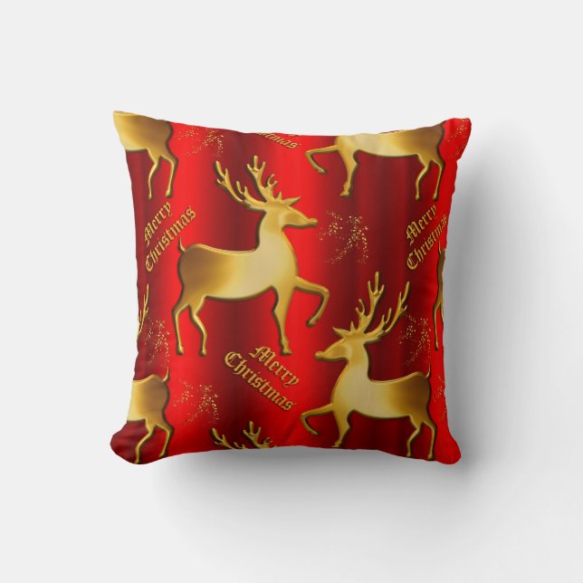 Golden Reindeer Merry Christmas Red Cushion (Front)
