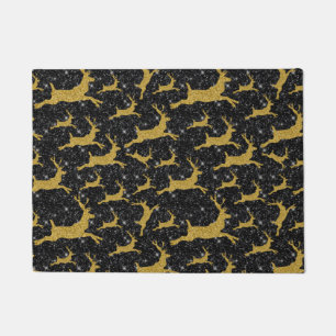 Golden Reindeer Merry Christmas Xmas Holiday Black Doormat