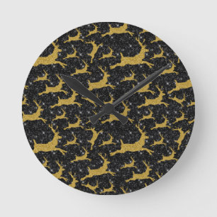 Golden Reindeer Merry Christmas Xmas Holiday Black Round Clock