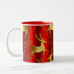 Golden Reindeer on Red Christmas Two-Tone Coffee Mug