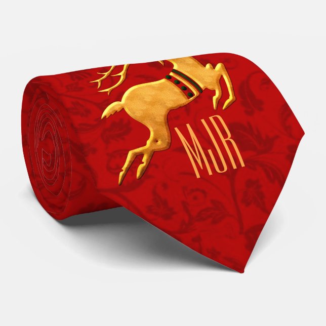 Golden Reindeer on Red Damask with Monogram Tie (Rolled)
