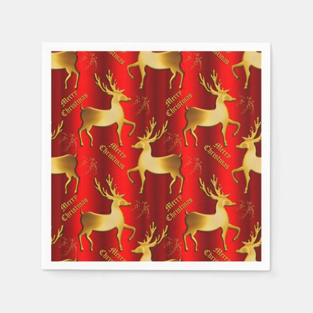 Golden Reindeer on Red Merry Christmas Napkin (Front)