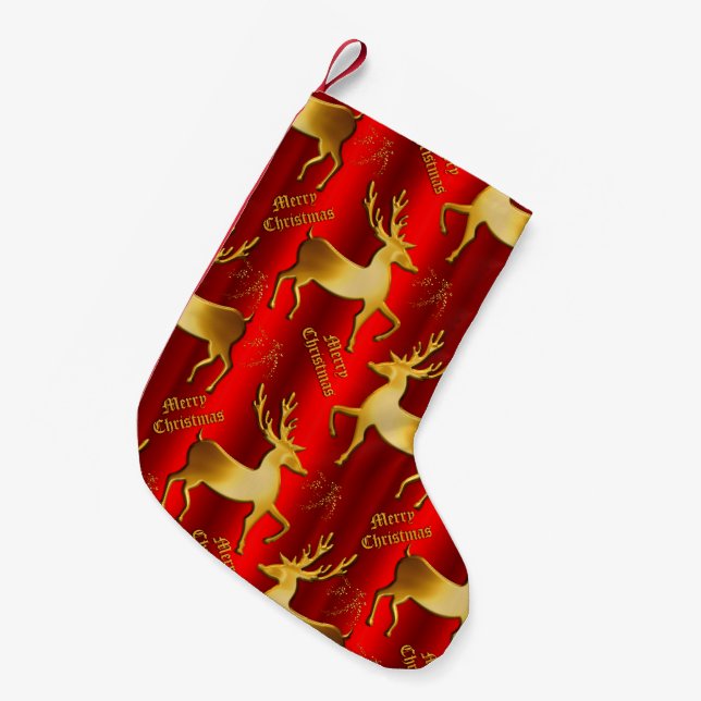 Golden Reindeer on Red Small Christmas Stocking (Front (Hanging))