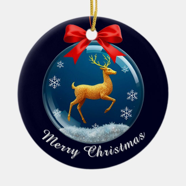 Golden Reindeer Ornament With Red Bow (Front)