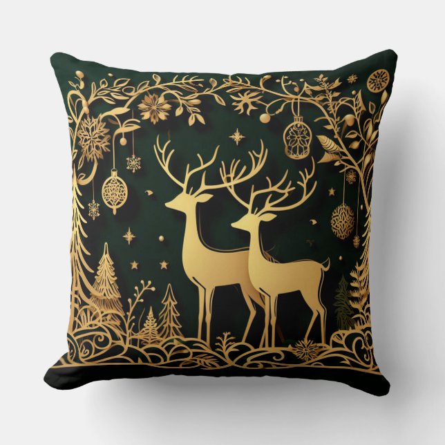 Golden Reindeer & Ornaments Cushion (Front)