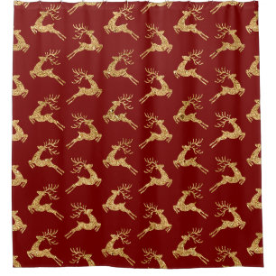 Golden Reindeer Pattern on Red – Elegant Christmas Shower Curtain
