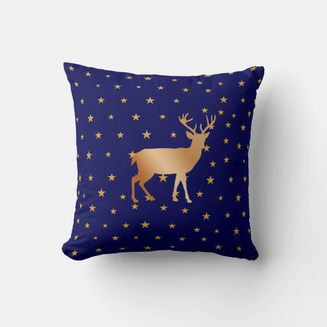 Golden reindeer silhouette & stars on navy blue cushion (Front)