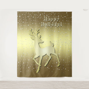 Golden Reindeer Snowy Holiday Backdrop Tapestry