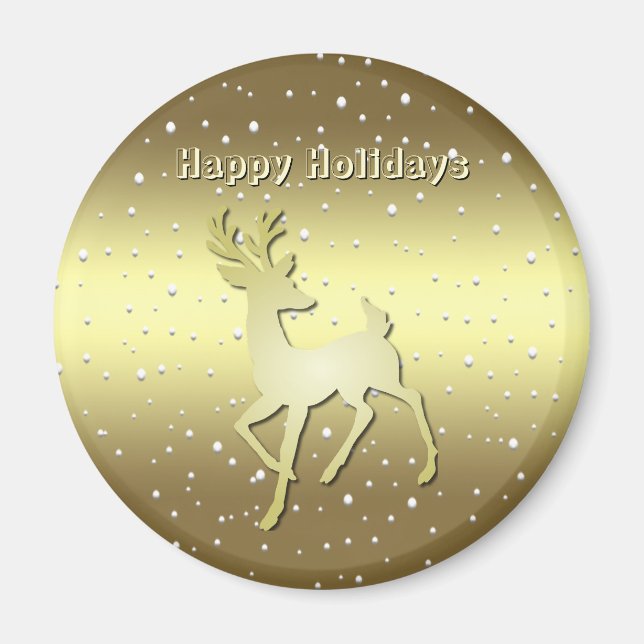 Golden Reindeer Snowy Holiday Magnet (Front)