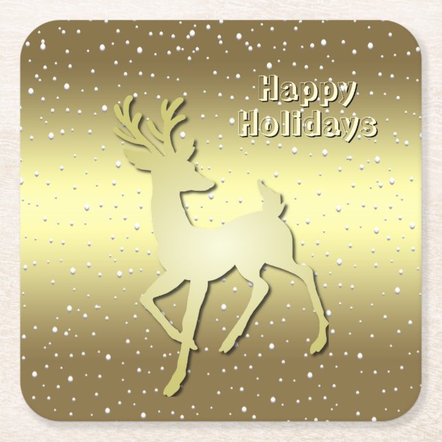 Golden Reindeer Snowy Holiday Paper Coaster (Front)