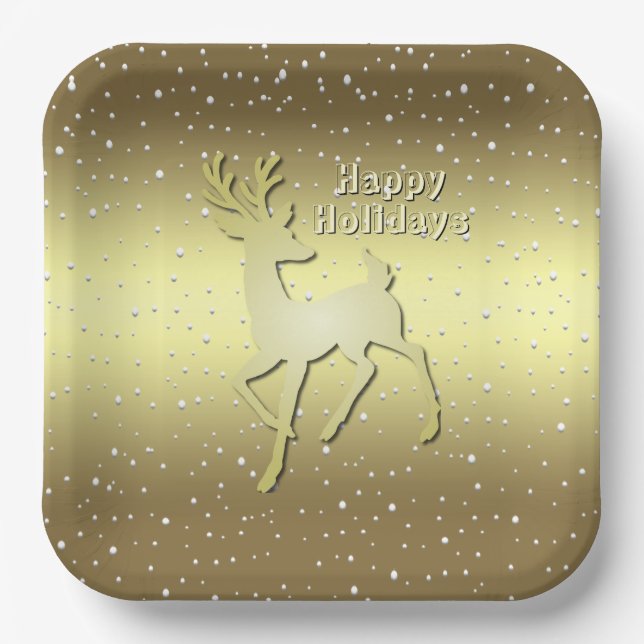 Golden Reindeer Snowy Holiday Paper Plate (Front)