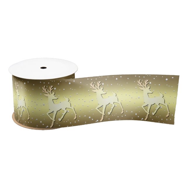 Golden Reindeer Snowy Holiday Satin Ribbon (Spool)