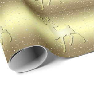 Golden Reindeer Snowy Holiday Wrapping Paper