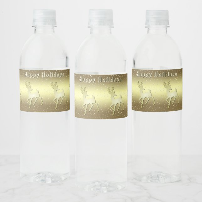 Golden Reindeer Snowy Water Bottle Label (Bottles)