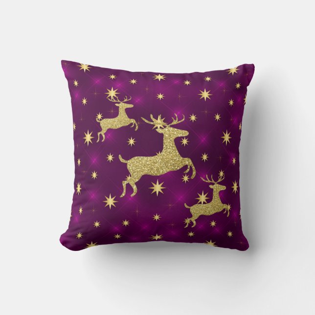 Golden Reindeer & Stars Purple Cushion (Front)