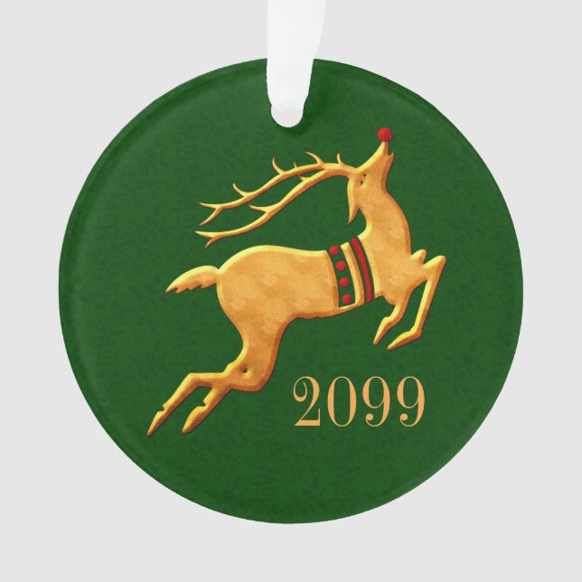 Golden Reindeer with Holiday Red and Green Ornament (Front)