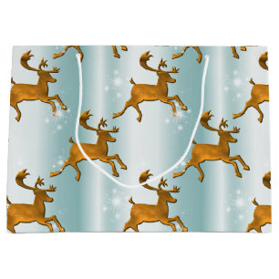 Golden Reindeers on Pale Aqua Christmas Large Gift Bag