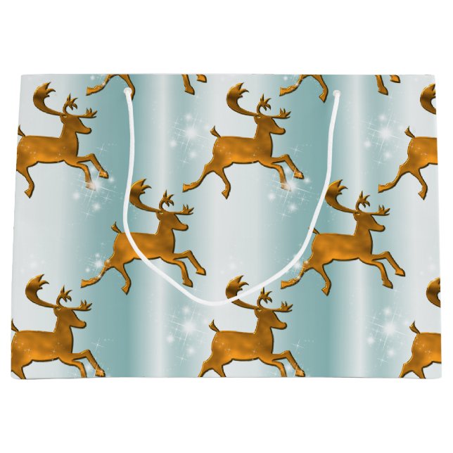 Golden Reindeers on Pale Aqua Christmas Large Gift Bag (Front)
