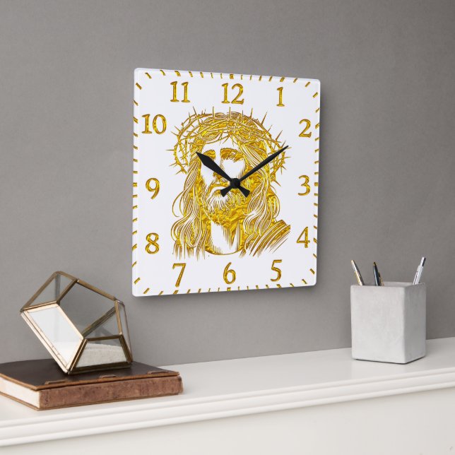 Golden Representation of Jesus Christ With Crown Square Wall Clock (Office)