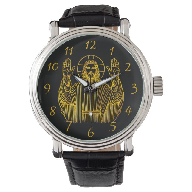Golden Representation of Jesus With Raised Hands Watch (Front)