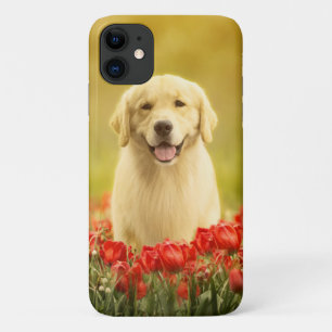 Golden Retirever in Red Flowers iPhone 11 Case