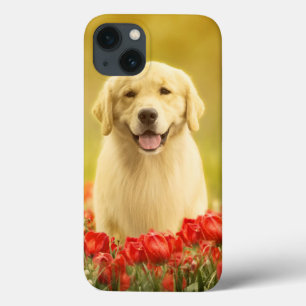 Golden Retirever in Red Flowers iPhone 13 Case