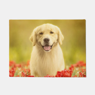 Golden Retirever in Red Flowers Doormat