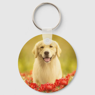 Golden Retirever in Red Flowers Key Ring