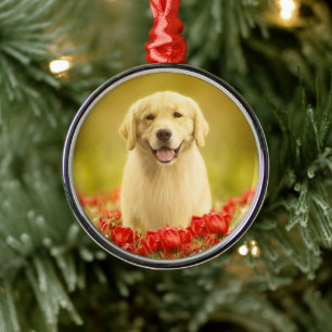 Golden Retirever in Red Flowers Metal Tree Decoration